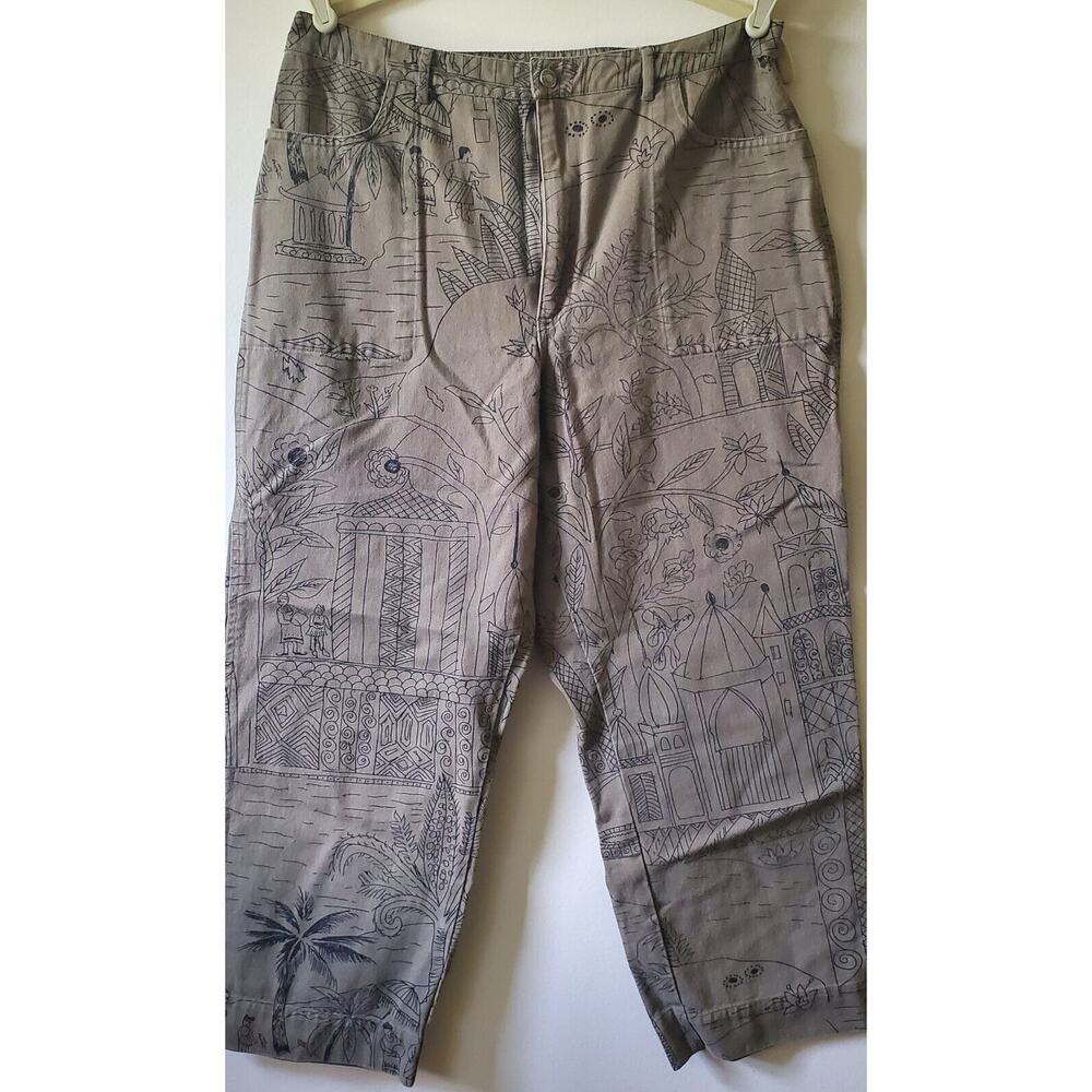 Chicos Design Crop Pants Women Size 2 / 12 Green Cotton Tropical World Scenes